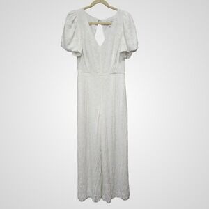 Club Monaco White Lace Jumpsuit Wide Leg Puff Sleeve V Neck Romper Size 8 READ‎
